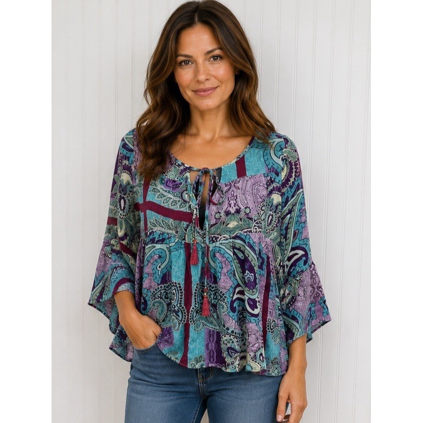 Womens 100% Silk Paisley Babydoll Top M Purple Teal Bell Sleeve Tassel Tie Boho